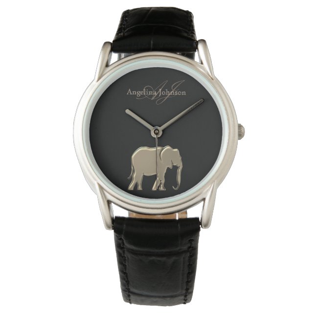 Black and Guld Elephant Elegant Monogrammed Armbandsur (Framsida)
