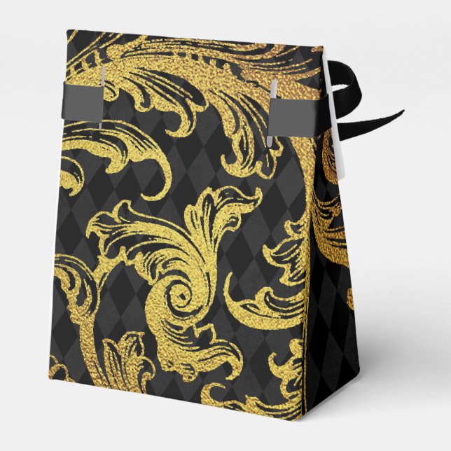 Black and Guld Faux Foil Damask Presentaskar (Baksidan Sidan)