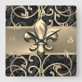 Black and Guld Filigree Swirls Fleur de Lis Fyrkantig Klocka