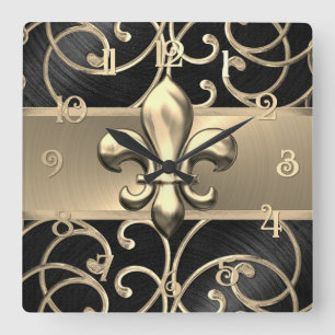 Black and Guld Filigree Swirls Fleur de Lis Fyrkantig Klocka