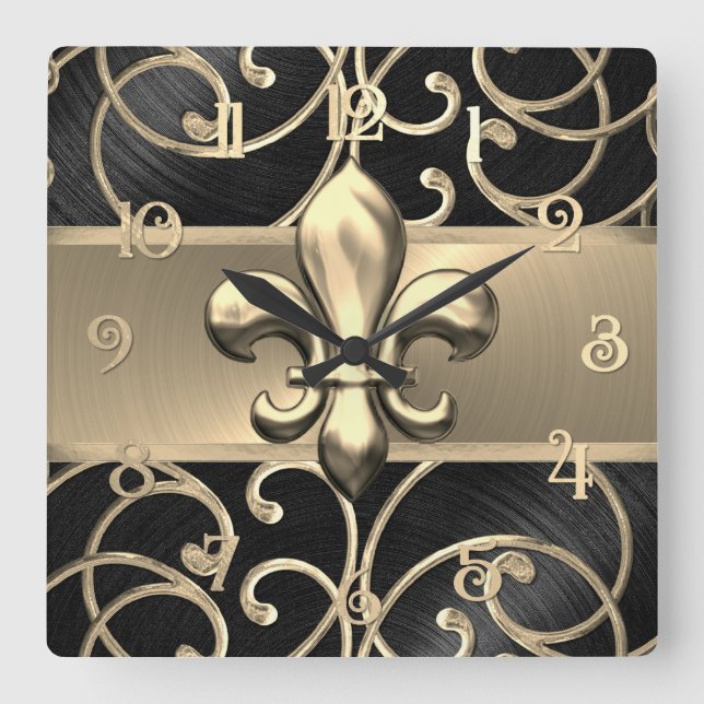 Black and Guld Filigree Swirls Fleur de Lis Fyrkantig Klocka (Framsida)