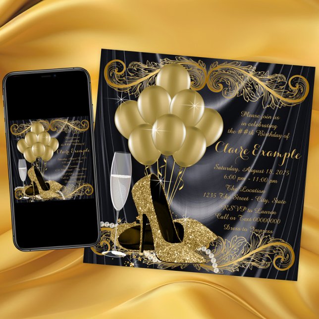 Black and Guld Födelsedagsfest Hollywood Glamor Inbjudningar (Black gold high heel shoe birthday party invitation with gold shoes, balloons, pearls on satin back.)