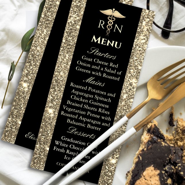 Black and Guld Glitter Medical Studenten Menu Inbjudningar ("Elegant black and gold graduation menu – a perfect touch of luxury for your celebration!🎓#Graduate)