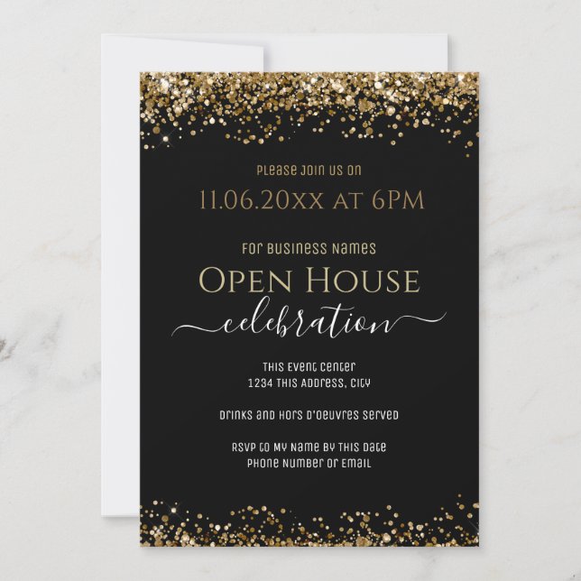 Black and Guld Glitter Open House Business Inbjudningar (Framsida)