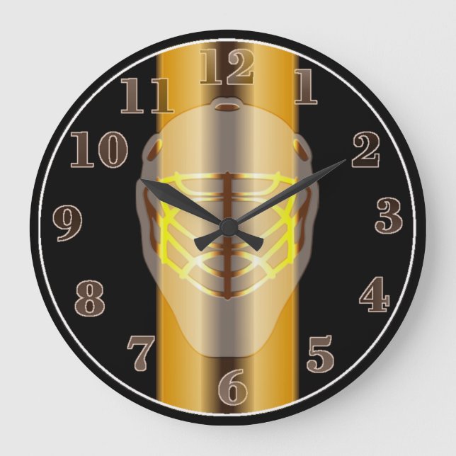 Black and Guld Goalie Mask Hockey Wall Clock Stor Klocka (Framsida)