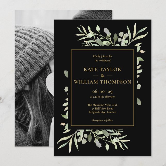 Black and Guld Greenery Foliage Photo Bröllop Inbjudningar (Fram/baksida)