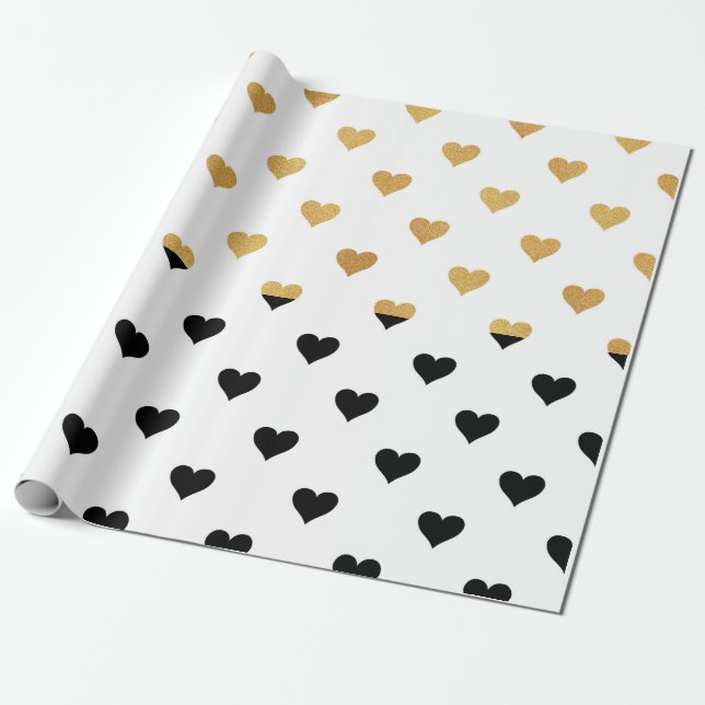 Black and Guld Hearts Presentpapper (Utrullad)