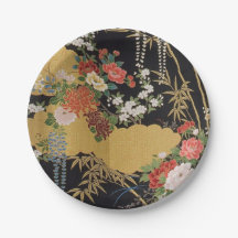 Black and Guld Japansk Kimono Blommigt Flower