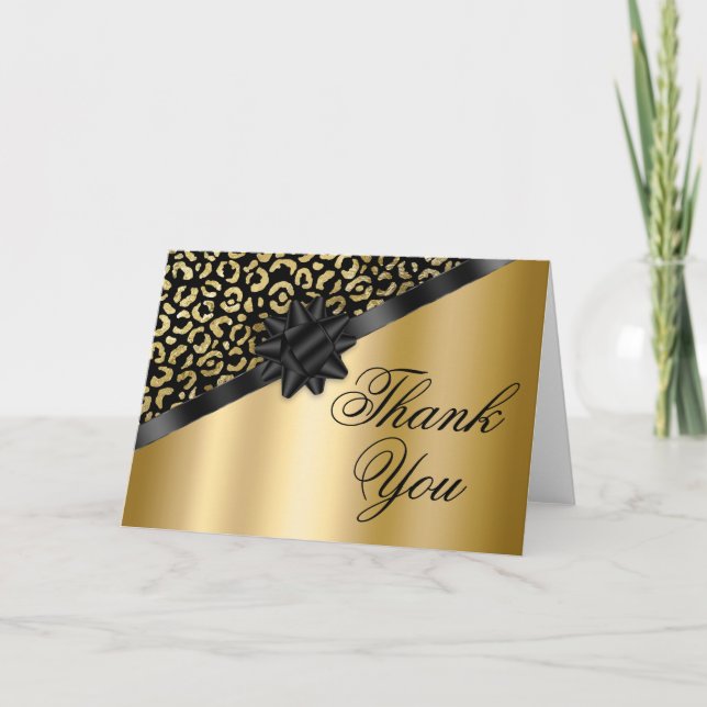 Black and Guld Leopard Shimmer Black Bow Gift Tack Kort (Framsida)