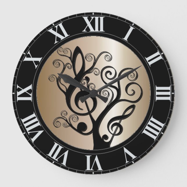 Black and Guld Music Treble Clef Träd Wall Clock Stor Klocka (Framsida)