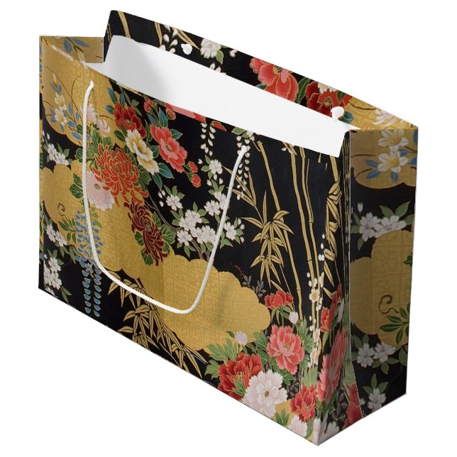 Black and Guld Oriental Japanska Kimono Blommigt (Framsidan Vinklad)