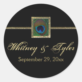 Black and Guld Peacock Feather Bröllop Sticker Runt Klistermärke