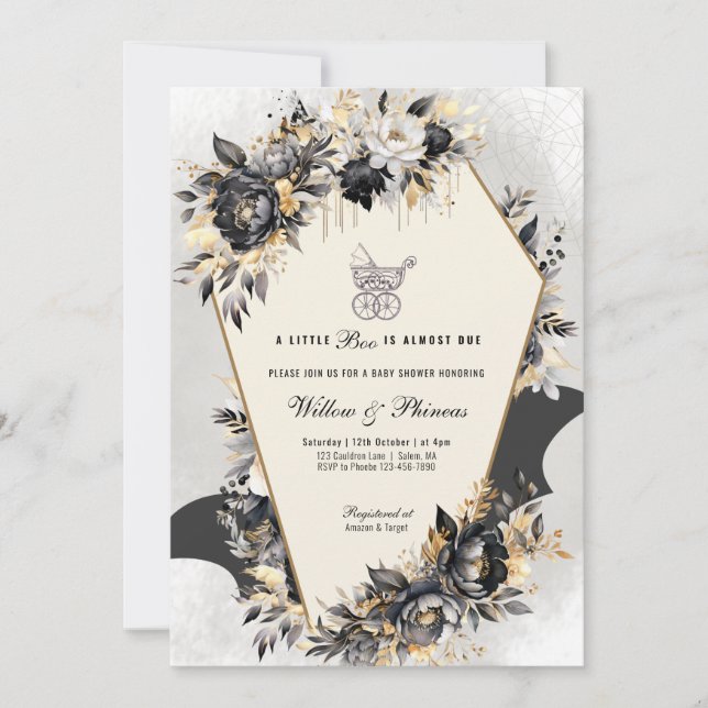 Black and Guld Peonies Halloween Baby Shower Inbjudningar (Framsida)