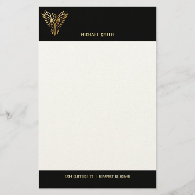 Black and Guld Phoenix Bird Personal Letterhead Brevpapper (Framsida)