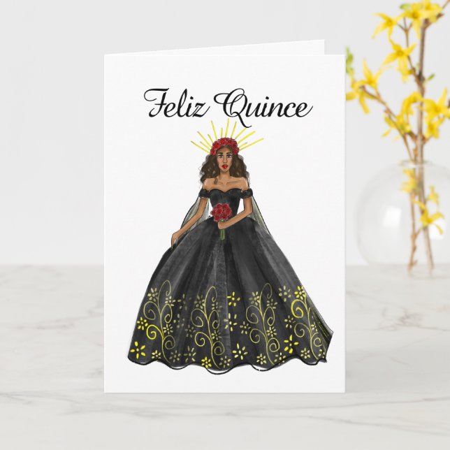 Black and Guld Quinceanera Dress Birthday Kort (Gul blomma)
