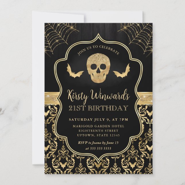 Black and Guld Skull och Fladdermus Damask 21:a fö Inbjudningar (Framsida)