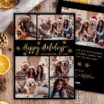 Black and Guld Snowflake 5 Photo Collage jul Julkort<br><div class="desc">Modern Black and Guld Elegant Script Snowflake 5 Photo Collage God jul Script Helgdag Card. Den här sjutna, minimalistiska, vimistaktiga, fem (5) fotokortmallen innehåller ett fotokollage i söt, en del snöflake och säger "God jul"! Texten "God jul" hälsning är skriven i ett vackert handskrivet calligrafteckensnitt i guld på svart bakgrund...</div>