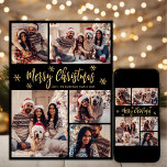 Black and Guld Snowflake 5 Photo Collage jul Julkort<br><div class="desc">Modern Elegant Script Black and Guld Snowflake 5 Photo Collage God jul Script Helgdag Card. Den här sjutna, minimalistiska, vimistaktiga, fem (5) fotokortmallen innehåller ett fotokollage i söt, en del snöflake och säger "God jul"! Texten "God jul" hälsning är skriven i ett vackert handskrivet calligrafteckensnitt i guld på svart bakgrund...</div>