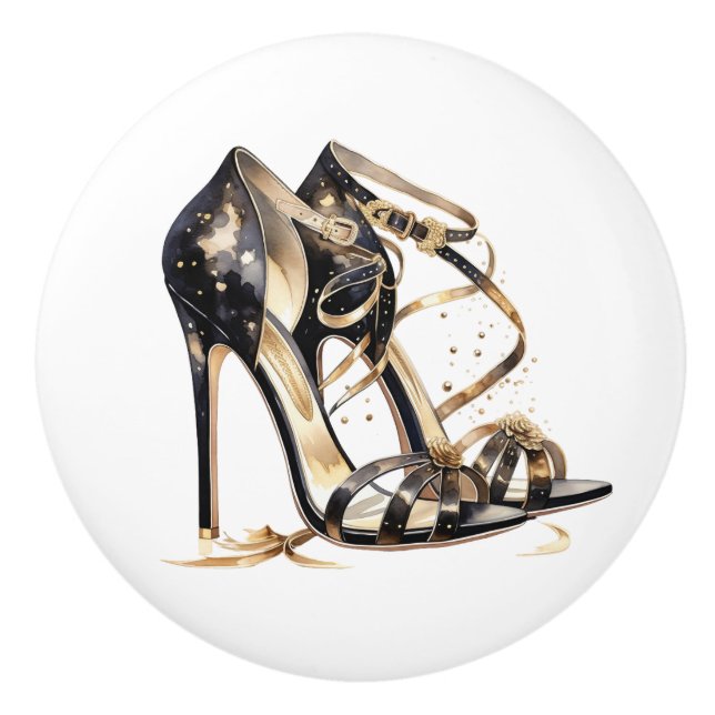 Black and Guld Strappy Stilletto Shoes Knopp (Framsidan)