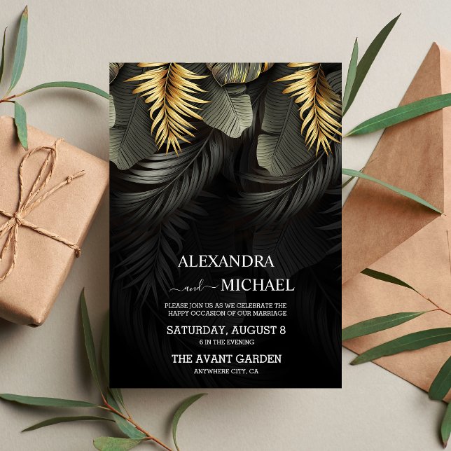 Black and Guld Tropical Destination Wedding Invita Inbjudningar (Skapare uppladdad)