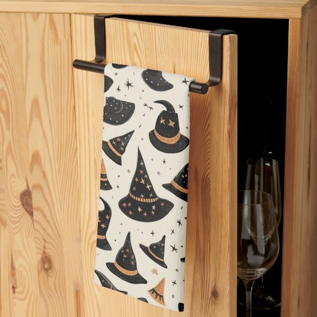 Black and Guld Witch's Hats Stars Cream Halloween Kökshandduk (Thirds Fold)