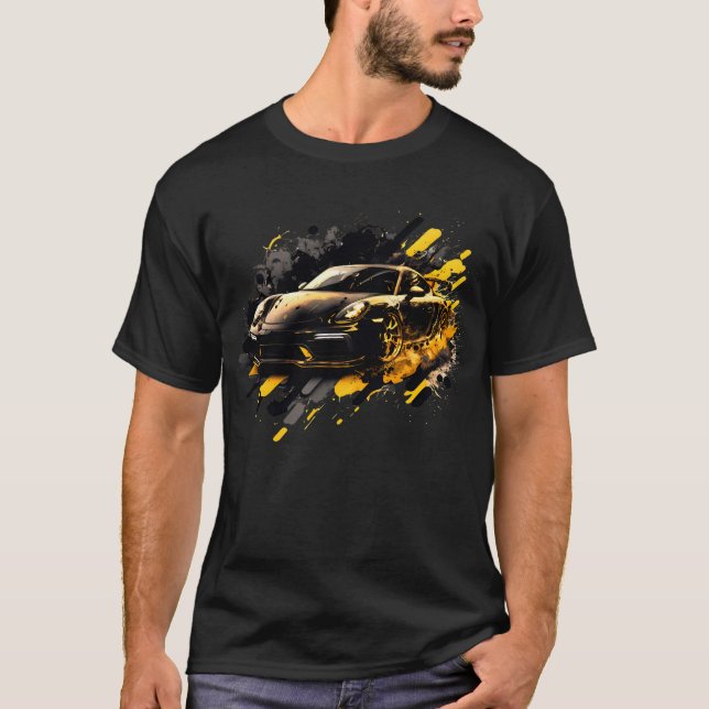 Black and Gult Sport car T Shirt (Framsida)