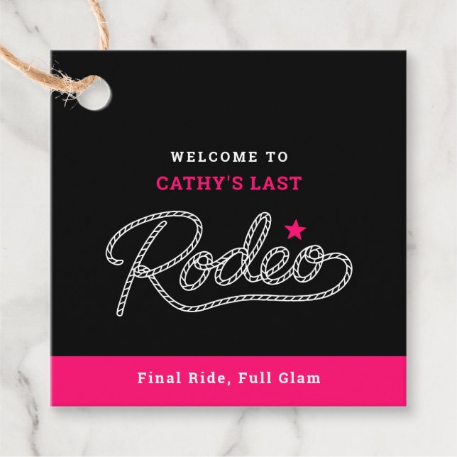 Black and Hot Pink Last Rodeo Bachelorette Party Gåvor Etiketter (Framsida)