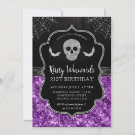 Black and Lila Skull och Cobwebs 21:a födelsedagen Inbjudningar