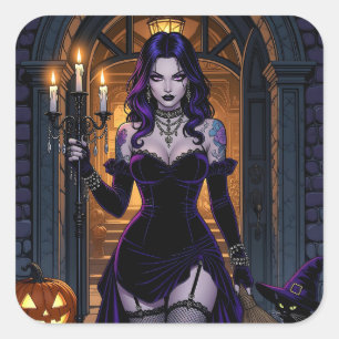 Black and Lila Witch med Candelabra Halloween Fyrkantigt Klistermärke