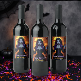 Black and Lila Witch Personlig Halloween Vinflaska Etikett