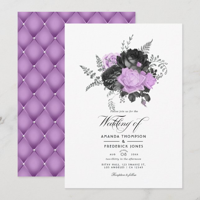 Black and Lilac Vintage Blommigt Bröllop Inbjudningar (Fram/baksida)