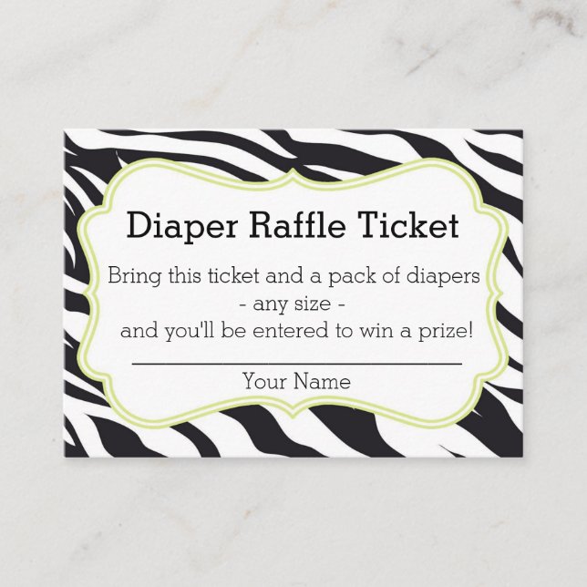 Black and Lime Zebra Diaper Raffle Biljett Tilläggskort (Framsida)