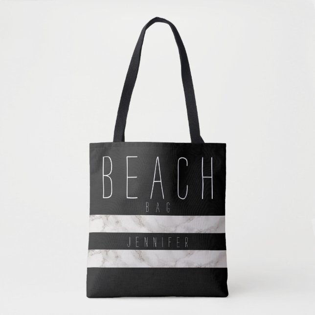 Black and Marble Beach Bag med Namn Tygkasse (Framsida)
