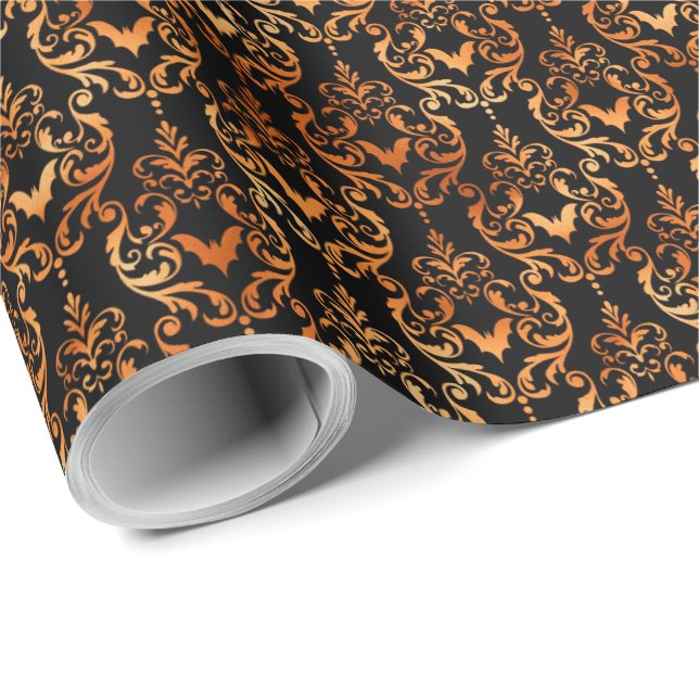 Black and Orange Fladdermus Toile Halloween Presentpapper (Rullad Hörn)