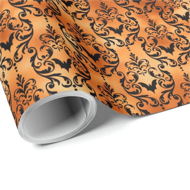 Black and Orange Fladdermus Toile Halloween Presentpapper (Rullad Hörn)