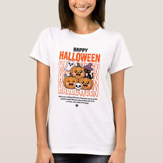 Black and Orange Grunge Halloween Cat & Pumpkin  T Shirt (Framsida)