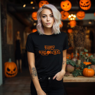 Black and Orange Happy halloween Bony Typography T Shirt