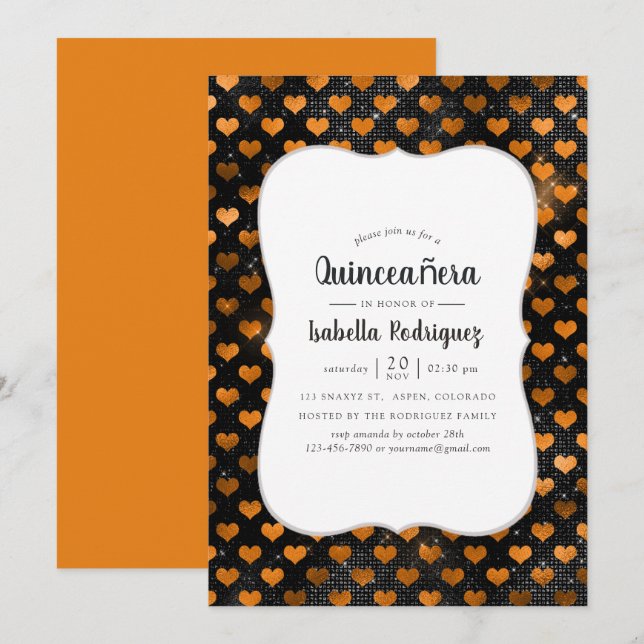 Black and Orange Heart Mönster Quinceañera Inbjudningar (Fram/baksida)