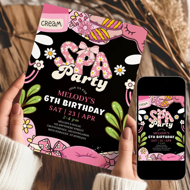 Black and Pink Retro Daisy Spa Party Birthday Inbjudningar (Skapare uppladdad)