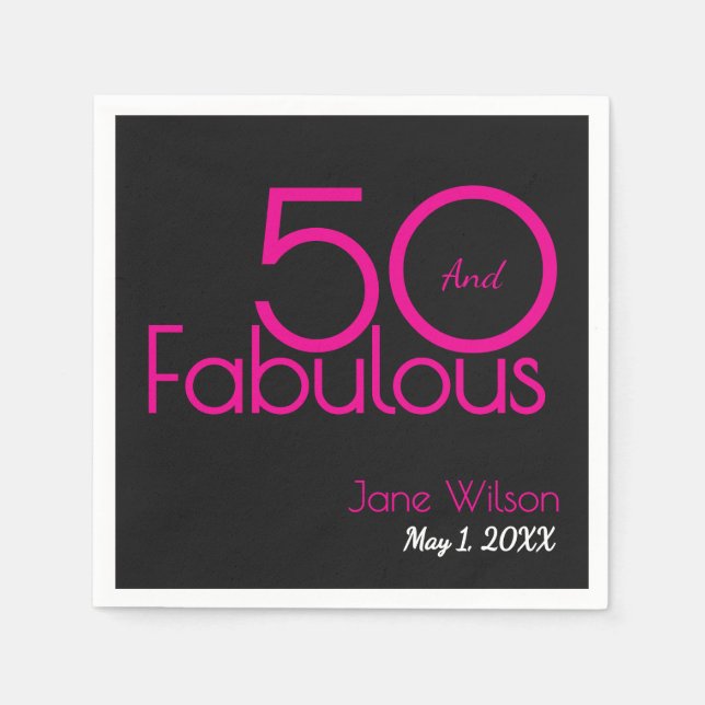 Black and Pink Text 50 and Fabulous Birthday   Pappersservett (Framsidan)