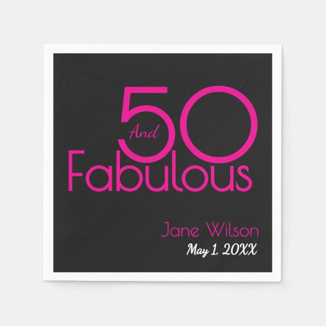 Black and Pink Text 50 and Fabulous Birthday   Pappersservett (Framsidan)
