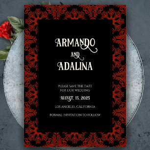 Black and Red Blommigt Gothic Bröllop spara datum Magnetisk Inbjudningskort