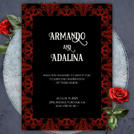 Black and Red Blommigt Gothic Mörk Elegant bröllop Inbjudningar