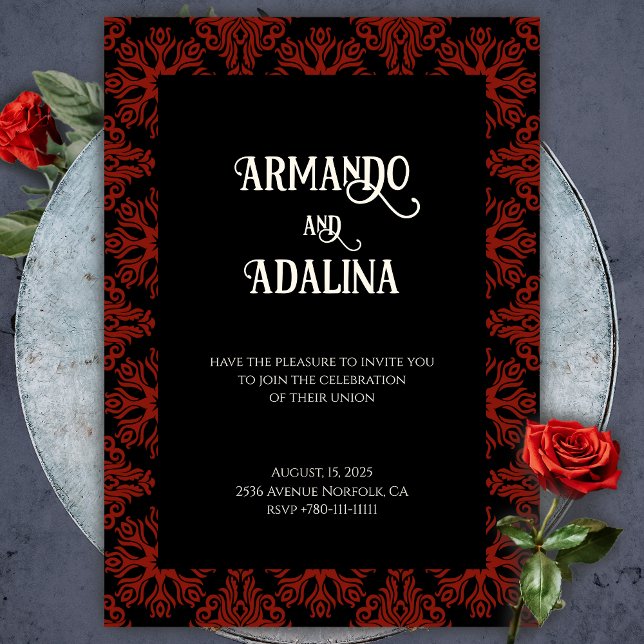 Black and Red Blommigt Gothic Mörk Elegant bröllop Inbjudningar (Gothic Red and Black Wedding Invitation)