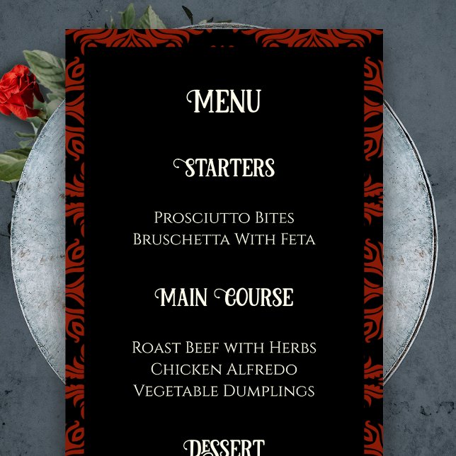 Black and Red Blommigt Gothic Mörk Elegant bröllop Meny (Black and Red Floral Gothic Dark Elegant Wedding Menu)