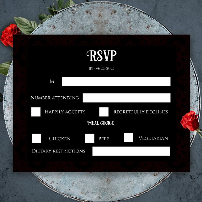 Black and Red Blommigt Gothic Mörk Elegant bröllop OSA Kort (Black and Red Floral Gothic Dark Elegant Wedding RSVP Card)