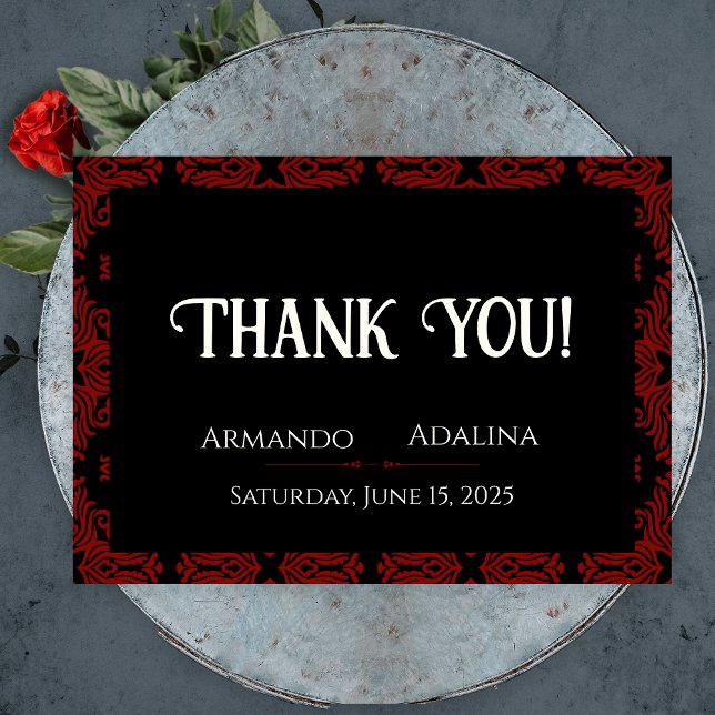 Black and Red Blommigt Gothic Mörk Elegant bröllop Tack Kort (Black and Red Floral Gothic Dark Elegant Wedding Thank You Card)