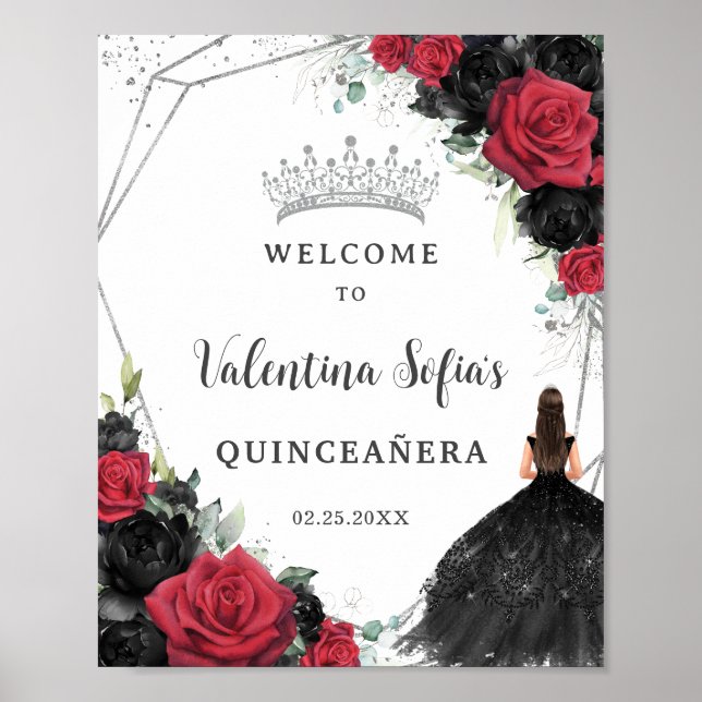 Black and Red Blommigt Princess Quinceañera Välkom Poster (Framsidan)