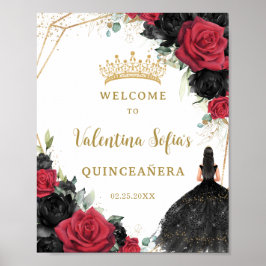 Black and Red Blommigt Princess Quinceañera Välkom Poster