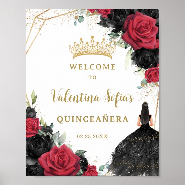 Black and Red Blommigt Princess Quinceañera Välkom Poster (Framsidan)